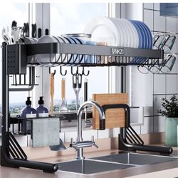 VNKZI Over Sink Dish Drying Rack, 2 Tier Full Stainless Steel Storage Adjustable Length (25.98'' to 36.61'') Kitchen Rack, Multifunctional Expandable 