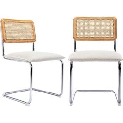 Upholstered Boucle Dining Chairs Set of 2, Sturdy Rubber Wood Frame Cane Chairs, Kitchen Chairs with Natural Cane Back, Stainless Chrome Base for Dini