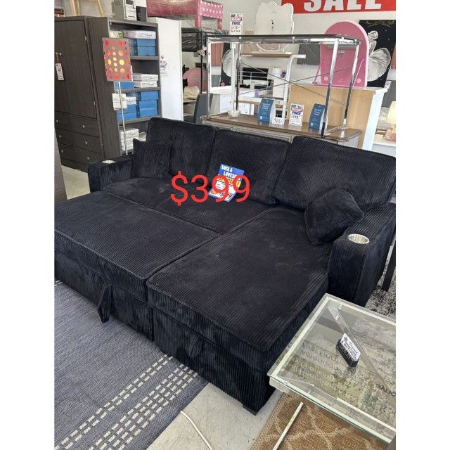 Black Corduroy Convertible Reversible Sofa Bed Sectional With Storage
