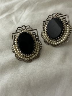 Antique Vintage Seed Pearl & Black Onyx Clip On Earrings
