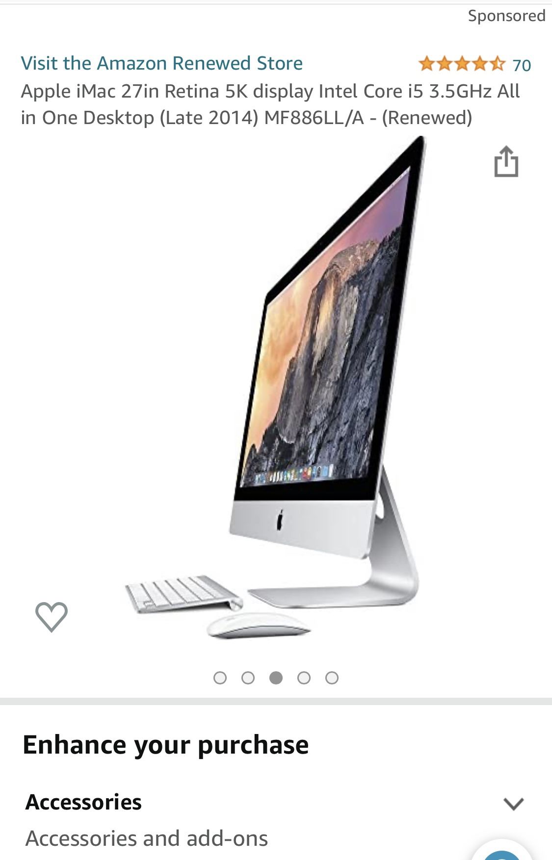 Apple iMac 27 inch Desktop Computer MK482LL/A 3.2GHz Intel Core i5, 32GB RAM, 3RB HDD Silver (Renewed) Apple iMac 27 inch Desktop