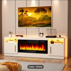 70" Large Wooden TV Stand with 36" Electric Fireplace - Media Console with High Gloss Storage Cabinet, 16 Colors LED Lights, and Spacious Shelving for