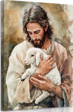 New 16*24” Framed Jesus Christ & Lamb Canvas Wall Art Christian Wall Decor Painting Biblical Church