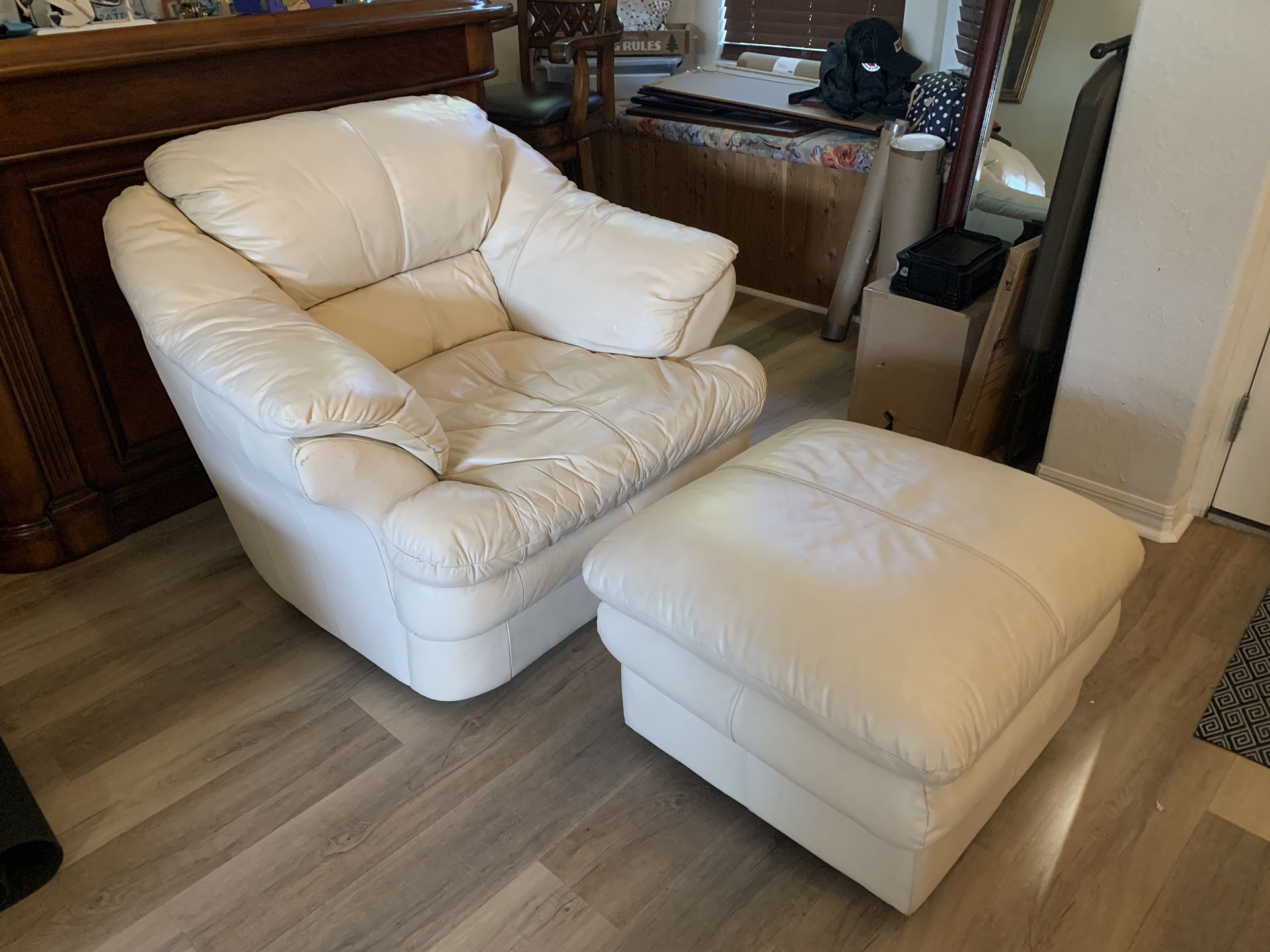 Italian Leather oversized chair and ottoman, off-white