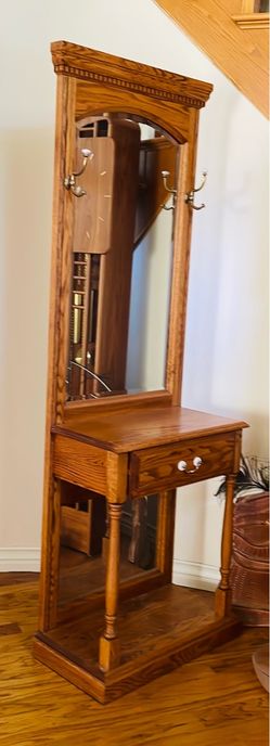 Mirrored Hall Tree Sold Oak w/ Drawer