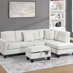 Brand New Ivory Color Corduroy Sectional Sofa Couch +Storage Ottoman (New In Box) 