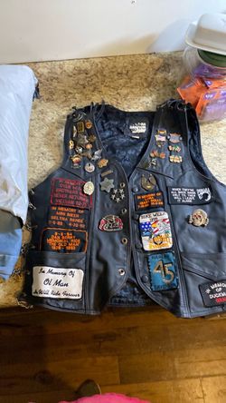 Leather Biker Vest with Patches and Pins Harley