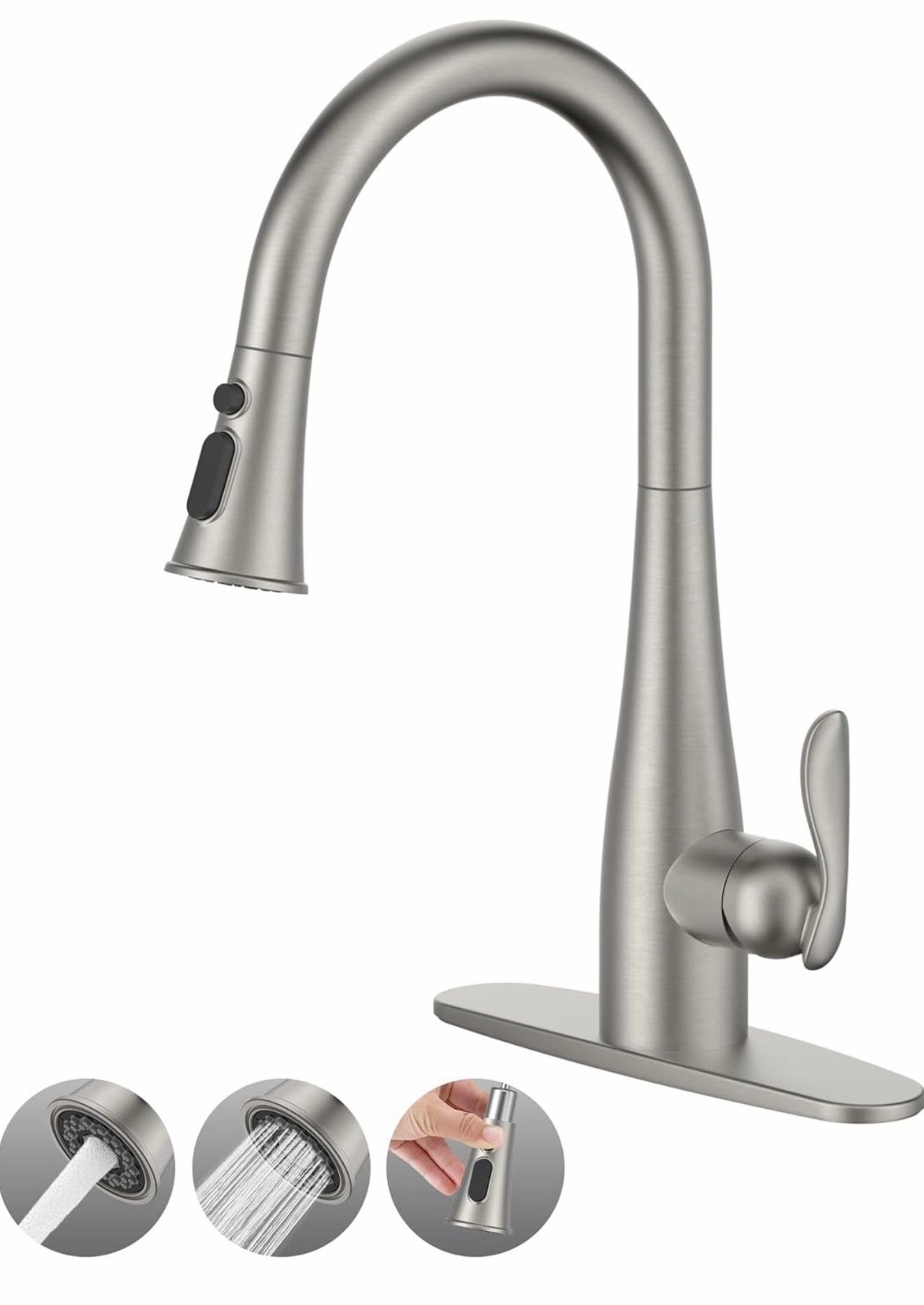 Mbillion Single Handle Kitchen Sink Faucet with Deck Plate Modern 1-3 Hole Brushed Nickel Kitchen Faucet with Pull Down Sprayer High Arc Stainless Ste