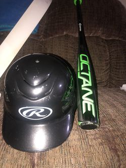 Baseball, bat and helmet