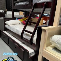 Triple Bunk Bed Cherry With Trundle New Cama Colchones 