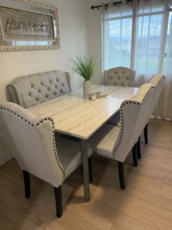 Ashley 6-Piece Granite Top Dining Set – Granite Table, 4 Tufted Chairs + Bench