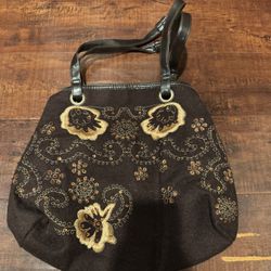 Brown Gold Floral Embroidered Beaded Shoulder Bag with Brown Strap for Women