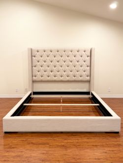 King Size Tufted Upholstered Platform Bed Frame – Beige Linen Wingback Headboard