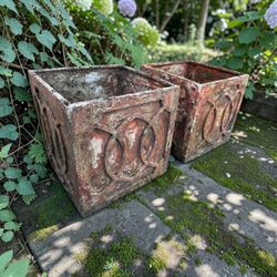 16” Two Vintage Antique Weathered Fiberglass Garden Planter Boxes, bottom is worn through, sides are sturdy. 16x16x16in
