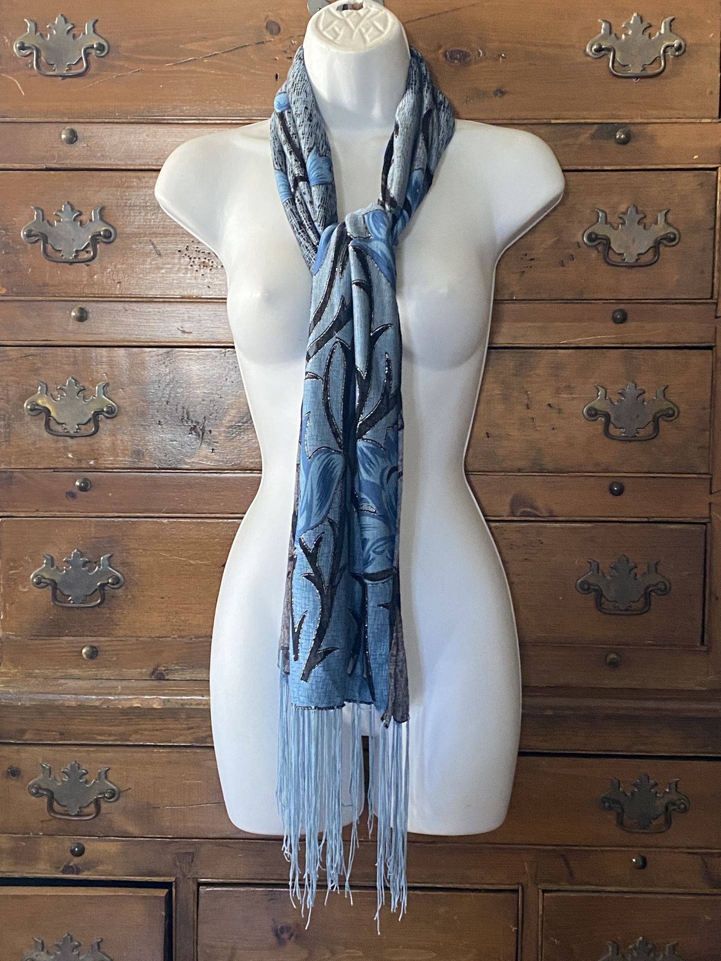 Woman’s Pashima Scarf Floral With Cutouts Backed With Black Mesh Fringed Ends