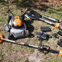WORX Leaf Blower String Trimmer Lawn Mower Cordless Battery Powered Tools (340) for all 3)