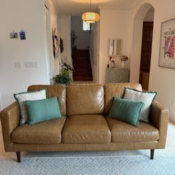 Mid Century Modern Camel Brown Leather 3 Piece Couch