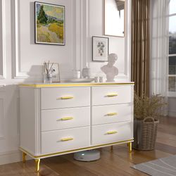 47“ White Dresser with 6 Drawer, Modern Dresser, Easy to Match Design,White and Gold