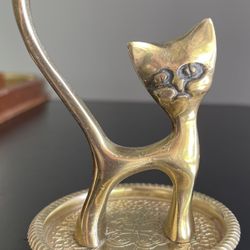 Solid Brass Mid Century Cat On Platter