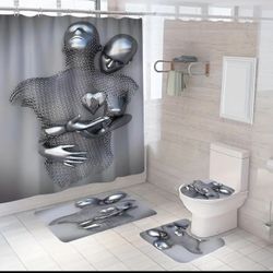 4pcs Couple Hug Shower Curtain Set, Waterproof Shower Curtain With 12 Hooks, Non-Slip Bathroom Rug, Toilet U-Shape Mat, Toilet Lid Cover Pad, Bathroom