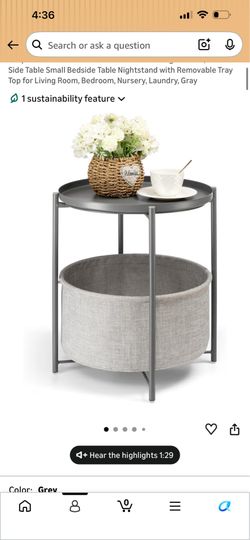 Round Side Table with Fabric Storage Basket, Metal Side Table Small Bedside Table Nightstand with Removable Tray Top for Living Room, Bedroom, Nursery
