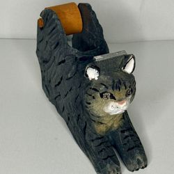HAND CARVED WOODEN CAT TAPE DISPENSER HAND PAINTED (NEW)
