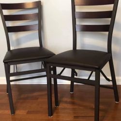 Collapsing Mahogany, Leather And Steel Chairs
