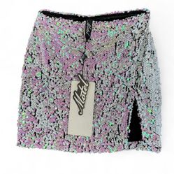 Motel Rocks Wyne Mini Skirt Pink Oil Tear Drop Sequin Iridescent Slit Size Small NEW