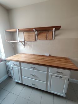 72" Kitchen Island with Butcher Block Top & Floating Shelf