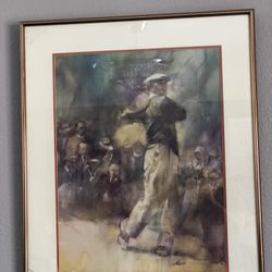 Print of male golfer 33 x 27 broken glass bottom left corner