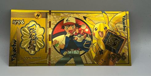 Pokemon Banknote Collectible Pikachu & Ash 1996 Gameboy Sparkly Gold Foil