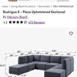 Modular 8 Piece Gray Sectional Couch