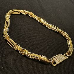 Men's 14K Gold Over Silver Rope & Bar Link Bracelet - Iced Out Clasp