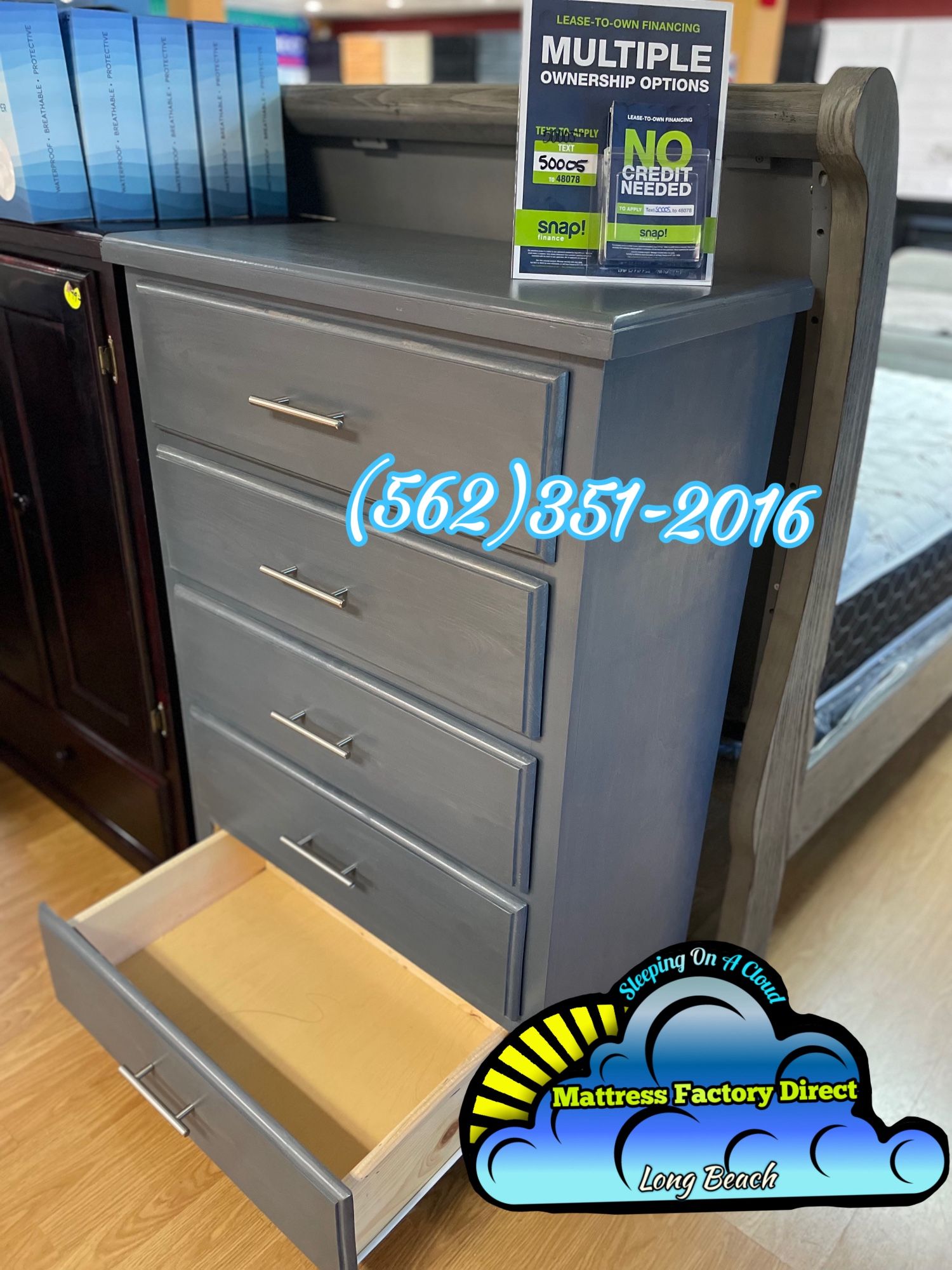 Grey Pinewood Five Drawer Dresser With Bar Handles