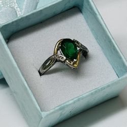 Green Emerald or Tourmaline, Two Tone 925 Swirl Ring, Size 6.5