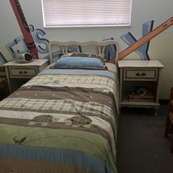 Vintage Twin Bed Set - Headboard, Frame, 2 Nightstands