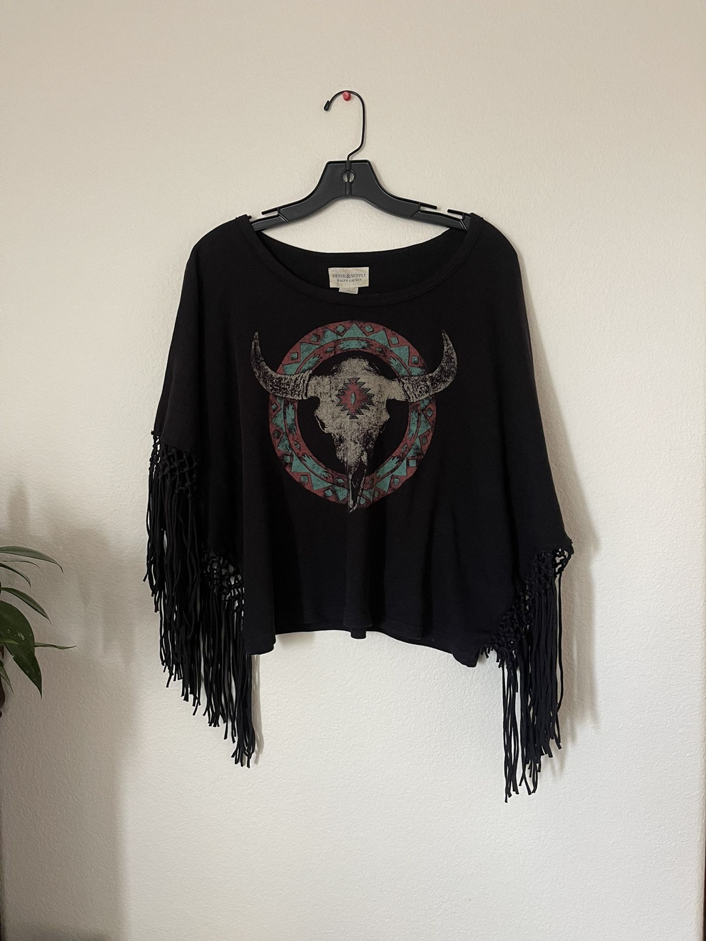 DENIM SUPPLY RALPH LAUREN PONCHO Western Aztec Cow Skull Tassel Fringe Top NWOT