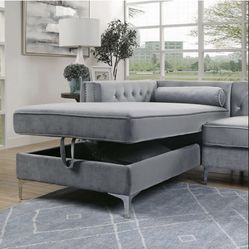 Brand New In Box Firm Price $1,199 Grey Crystal Tufted Sectional With Storage Pillows Included Chrome Legs Nailhead Trim