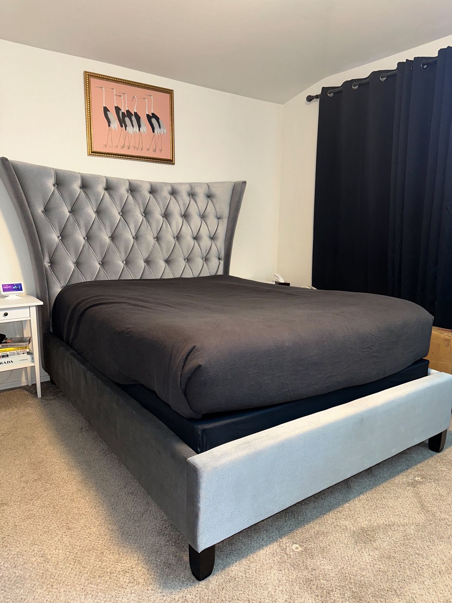 Velvet Wingback Queen Bed Frame – Tufted Headboard