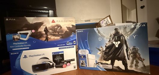 Limited Edition Destiny PS4, PSVR Skyrim bundle, Farpoint VR + Aim controller bundle, and accessory charging stand