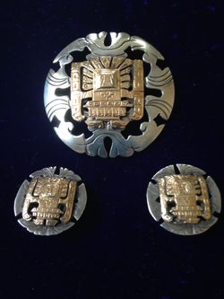 Peruvian 18k and 925 silver brooch and earrings
