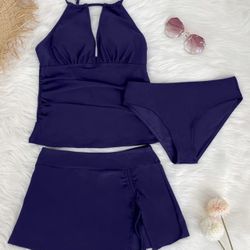Women 3 Piece Tankini Swimsuits Halter Tummy Control Bathing Suits with Bikini Bottom Skirt(Available in Plus) 