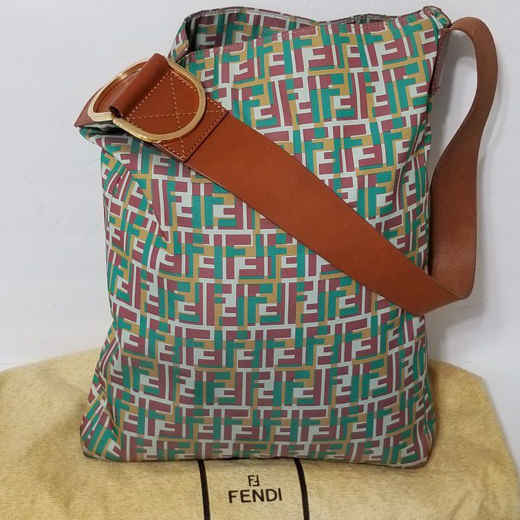 Rare Fendi FF Zucchino Tall Canvas with leather trim Hobo Tote handbag