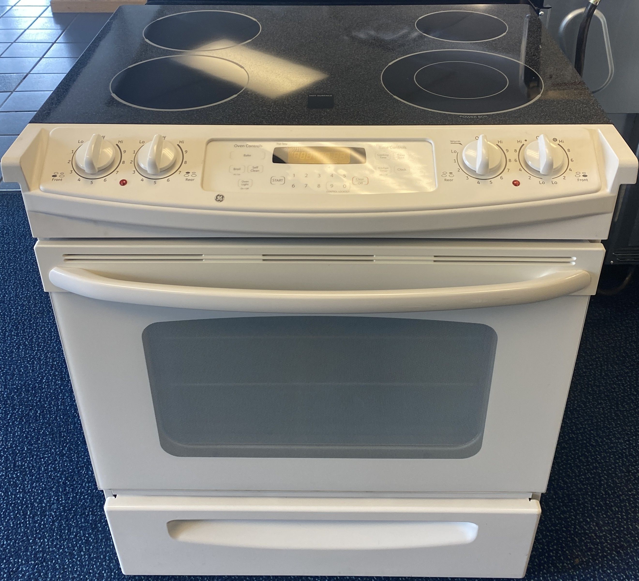 Bisque GE Four Burner Glass Top Slide In Electric Stove (2-0072)