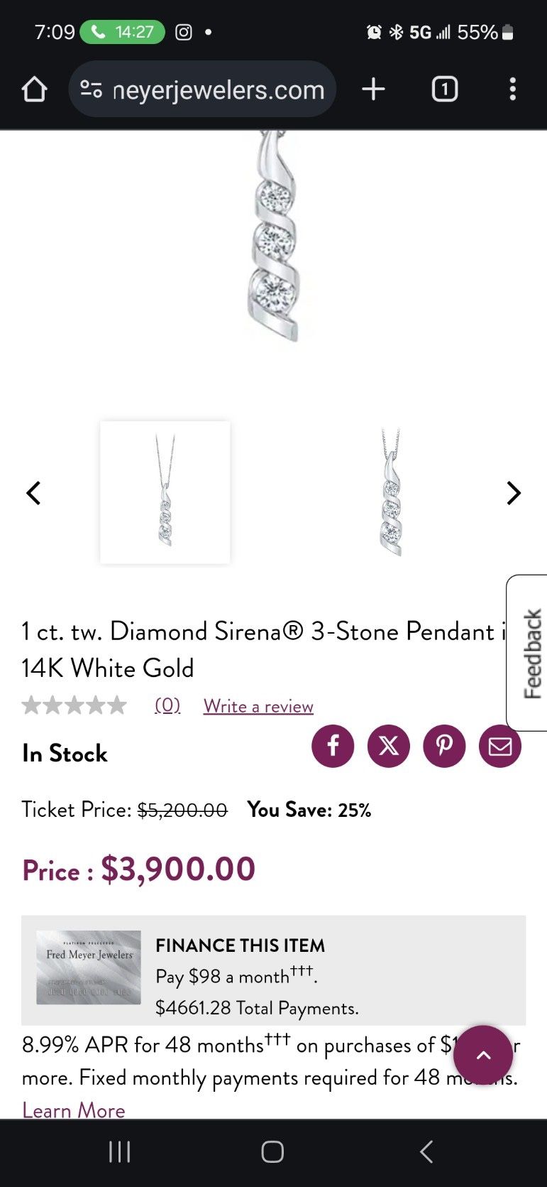 White Gold 14k Necklace 3 Stone Pendant Diamond Necklace