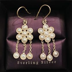 Solid 925 Sterling Silver 9.18 Natural White Pearl Chandelier Earrings