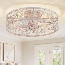 23 in. Indoor White Gold Flush Mount Caged Ceiling Fan with Light Kit and Remote Control