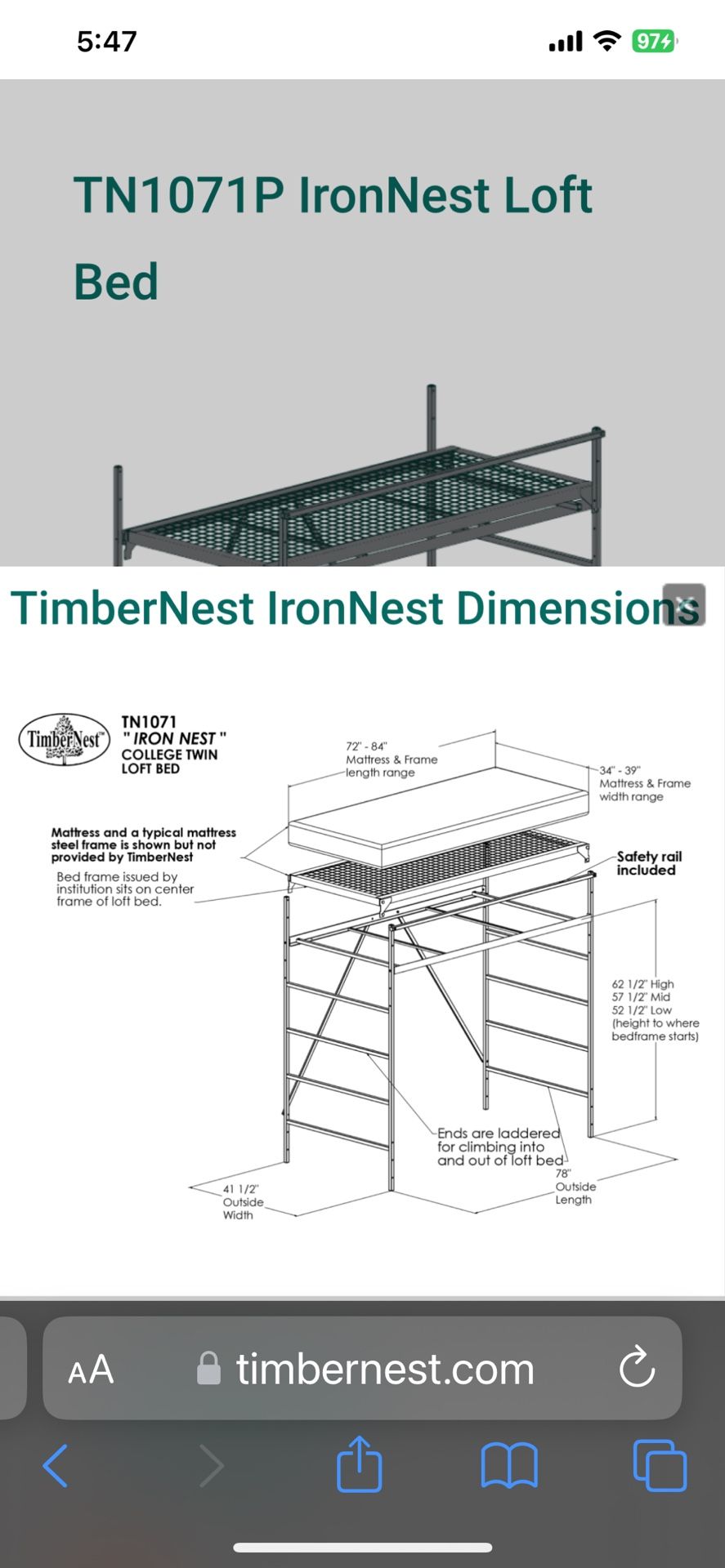 TimberNest TN1071P IronNest Loft Bed