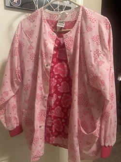 Pink Heart Patterned  Scrub top and Jacket Uniform Advantage Brand UA size Medium 