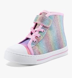 Size 11 Little Kid Girls Canvas High Top Walking Shoes with Hook and Loops, Gradient Glitter Multi, NEW